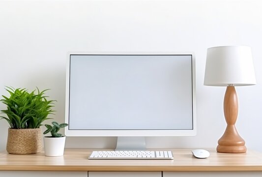 desktop computer on table with lamp over white