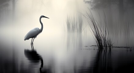 Elegant bird in misty swamp