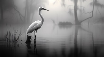 Elegant bird in misty swamp - obrazy, fototapety, plakaty