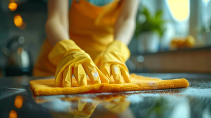 donna che pulisce con i guanti, in primo piano, casalinga che lucida il piano del tavolo con spugna e panni, pulizia professionale,
