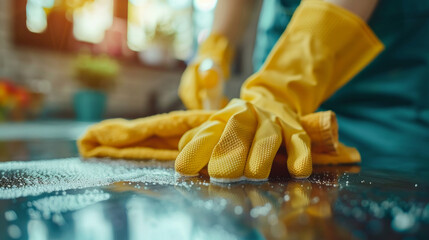 donna che pulisce con i guanti, in primo piano, casalinga che lucida il piano del tavolo con spugna e panni, pulizia professionale,