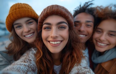 Fototapeta premium Eine Gruppe multiethnischer Freunde macht ein Selfie, Lachende attraktive Menschen
