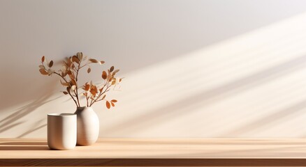 Empty light wood table mockup with shadows on the white wall