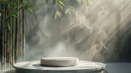 Minimalist Zen podium with bamboo forest smoke background, suitable for calming spa or wellness product showcases.