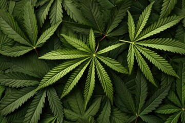Cannabis leaves on green background, texture pattern, top view.