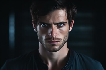 Obraz premium Mysterious Scary handsome man wearing hoodie. Mysterious young guy posing dark building. Generate ai