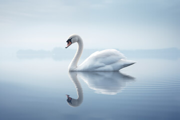 Weißer Schwan spiegelt sich im tiefblauen See, Reflektion eines Schwans im Wasser - obrazy, fototapety, plakaty