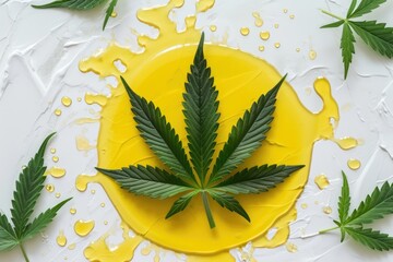 Cannabis leaf in circle of yellow cannabis oil on white background. For design in the beauty and medical industry