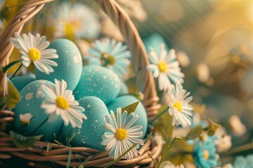 Obraz na płótnie Canvas A beautiful basket filled with blue Easter eggs and daisies, showcasing the vibrant colors of nature with its delicate petals and foliage