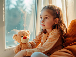 A sad little lonely girl sits with a teddy bear toy alone in front of the window. Children and emotions, illness, depression, autism, stress concept.
