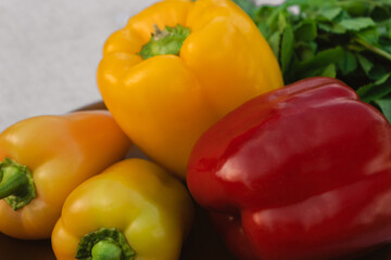 Close up top view vibrant fresh summer peppers. Harvest vegetables 