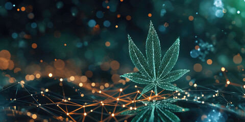Cannabis leaf glowing hologram connected with sparkling digital network connections on dark background. Futuristic banner with neon marijuana leaf on dark background - obrazy, fototapety, plakaty