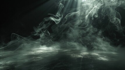 Luminous, ghostly smoke tendrils weaving through darkness, highlighted by discrete ground lighting. - obrazy, fototapety, plakaty