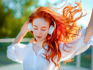 A young beautiful red-haired girl in a white blouse listens to music in white headphones and dances, her hair flutters in the wind, enjoys life