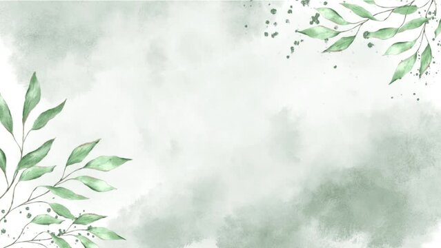 Watercolor leaves on light green background, texture, animation groing moving minimal decoration botanical ecological  wedding invitation spring summer plants