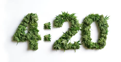 Stoff pro Meter Numbers 4:20 made of cannabis buds and marijuana leaves isolated on white background. 4 April weed day. Happy 420 Day concept © Tsareva.pro