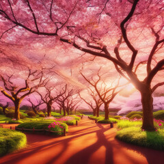 A serene cherry blossom park in full bloom