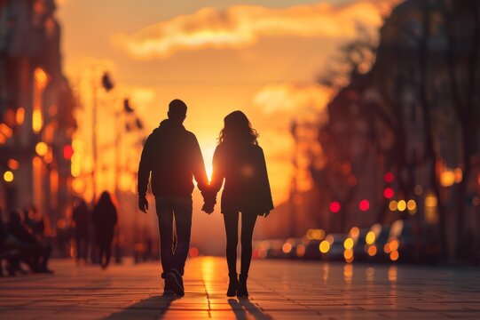 a young couple walks through the evening city. close relationship concept. copy space
