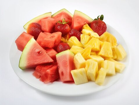 A plate of fruit with watermelon, strawberries, and pineapple