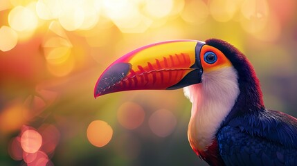 Fototapeta premium A toucan displays its beak in photorealistic detail against a sky pink by the setting sun. Close-up of a toucan under the magical touch of the twilight sun in tonal reproduction.