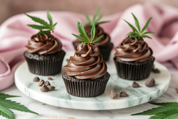 Hemp chocolate cupcakes with cannabis leafs, on marble served tray. Marijuana edibles concept for dessert and bakery design