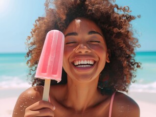 A woman with curly hair is holding a pink ice cream stick and smiling