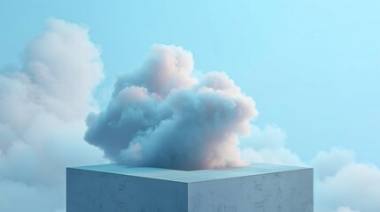 Minimalist cube podium with serene sky-blue smoke background, suitable for simple yet elegant product presentations.