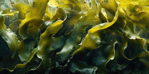 Golden kelp seaweed macro texture background. Close-up of fresh wet laminaria texture. Kelp for edible and for cosmetic beauty industry - obrazy, fototapety, plakaty