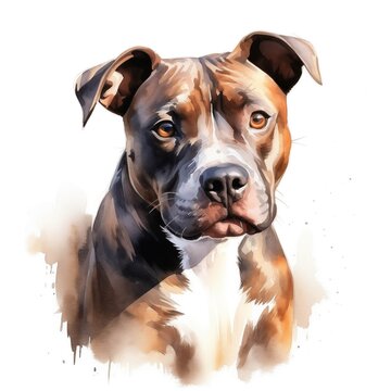 American staffordshire terrier dog. Amstaff dog clipart. Watercolor illustration. Generative AI. Detailed illustration.