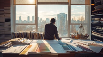 An interior designer is absorbed in evaluating various fabric samples spread across her studio table, with a backdrop of the cityscape outside. AIG41
