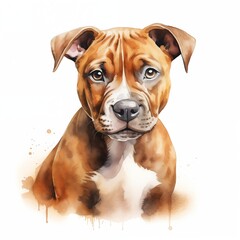 American staffordshire terrier, amstaff dog. Puppy dog clipart. Watercolor illustration. Generative AI. Detailed illustration.