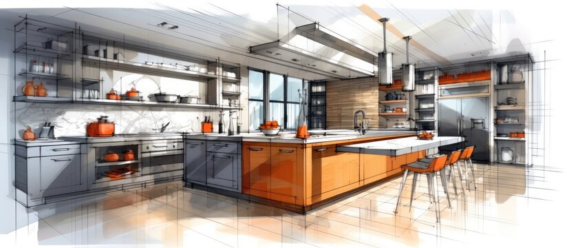 A detailed drawing of a modern kitchen with orange accents, showcasing sleek design elements and architectural concepts.