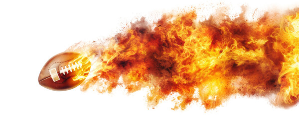Rugby ball flying on fire isolated on transparent background.