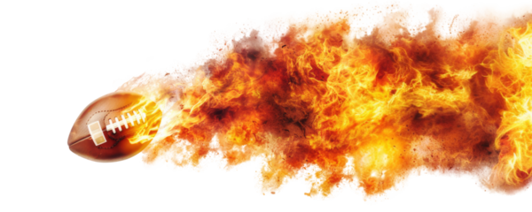 Rugby ball flying on fire isolated on transparent background.