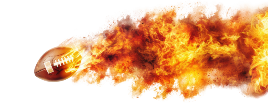 Rugby ball flying on fire isolated on transparent background.
