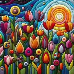 Fototapeta na wymiar felt art patchwork, A field of tulips in different colors under a blue sky