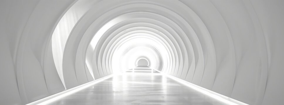 Fototapeta A parallel white tunnel with a grey road and tints of shades leads to a light at the end, creating a symmetrical pattern in monochrome photography
