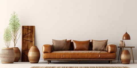 a living room surrounded by a brown leather sofa and three wooden vases