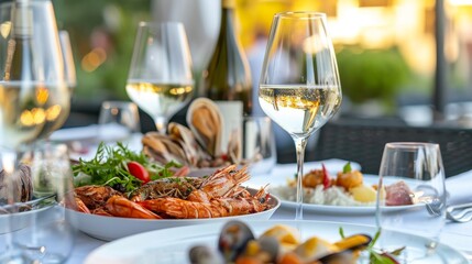 Seafood dinner on the terrace of an Italian restaurant