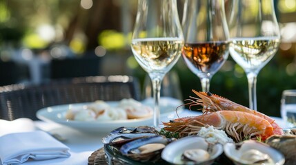 White wine and seafood on the table in a restaurant, close up