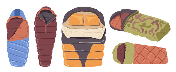 Camping beds, travel mats and sleeping bags with warm blanket touristic camp equipment set