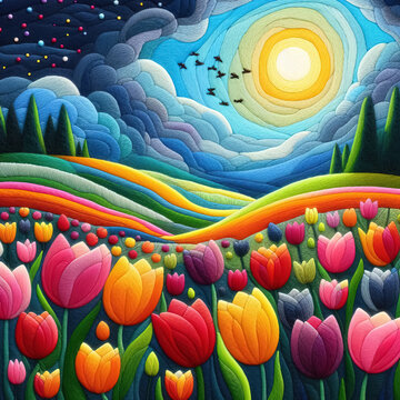 felt art patchwork, A field of tulips in different colors under a blue sky