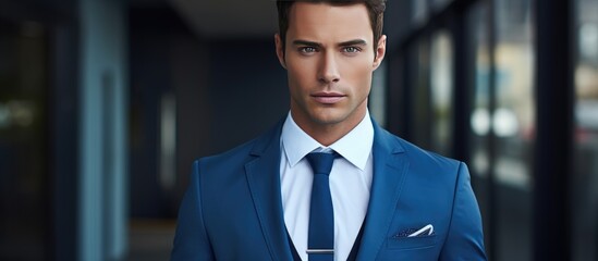 Fototapeta premium A young businessman dressed in an elegant blue suit and tie. He is standing confidently, showcasing professionalism and sophistication in his attire.