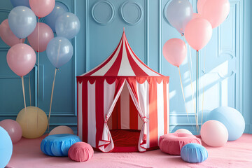 Stripes tent of circus children's room for show and childish entertainment. Circus canopy performance at home - obrazy, fototapety, plakaty