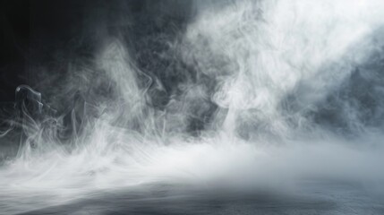 Misty, white smoke flowing smoothly over a shadowy landscape, highlighted by soft ground light. - obrazy, fototapety, plakaty