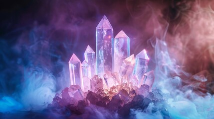 Mystical crystal podium with glowing gemstone smoke background, suitable for spiritual healing or new age product launches.