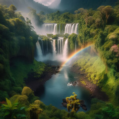 A rainbow over a waterfall surrounded by lush vegetation