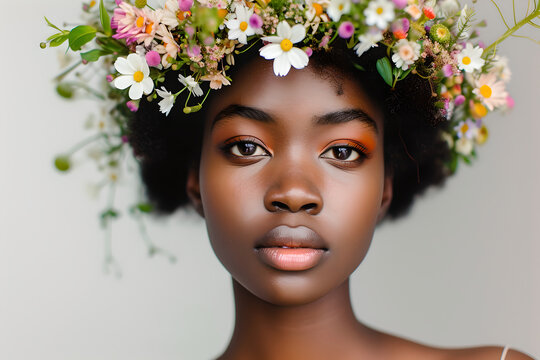 Portrait of beautiful young black woman with curly hair and wreath of flowers. Close up face girl model profile view. Copy space. Photograph ai