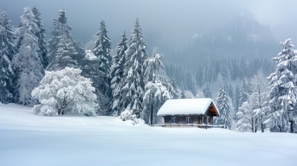 Peaceful winter landscape with snow-covered trees and a small cottage, symbolizing tranquility and isolation.