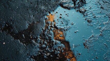 Background of gasoline in a puddle. Top view. AI generative.